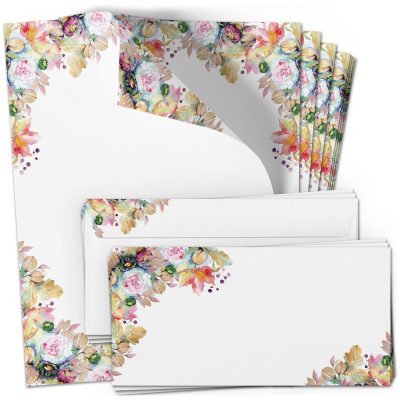 10 Briefpapier und Briefumschlag SET | Herbstblumen Blumen Romantisch | Papier und Umschlag mit Design-Motiv bedruckt | 90 g/m²