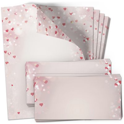 10 Briefpapier und Briefumschlag SET | Herzen Rosa Liebe Herz Liebesbrief | Papier und Umschlag mit Design-Motiv bedruckt | 90 g/m²