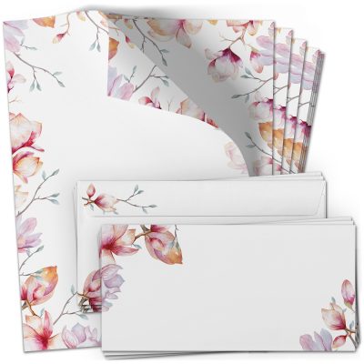 10 Briefpapier und Briefumschlag SET | Magnolie Blumen Romantisch | Papier und Umschlag mit Design-Motiv bedruckt | 90 g/m²