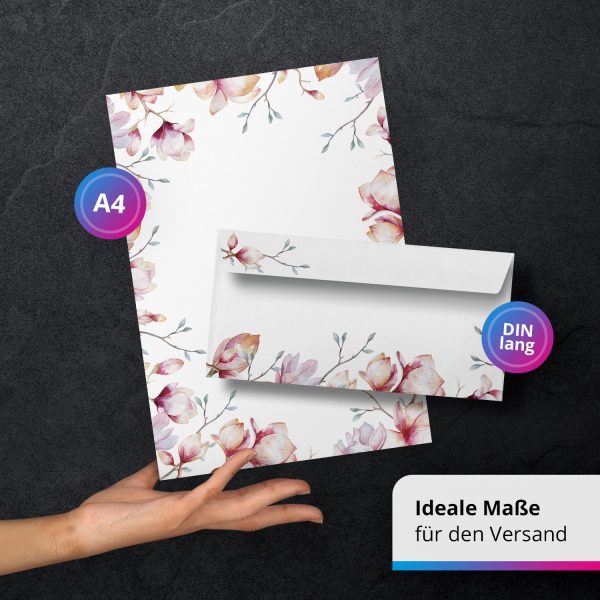 10 Briefpapier und Briefumschlag SET | Magnolie Blumen Romantisch | Papier und Umschlag mit Design-Motiv bedruckt | 90 g/m² – Bild 3