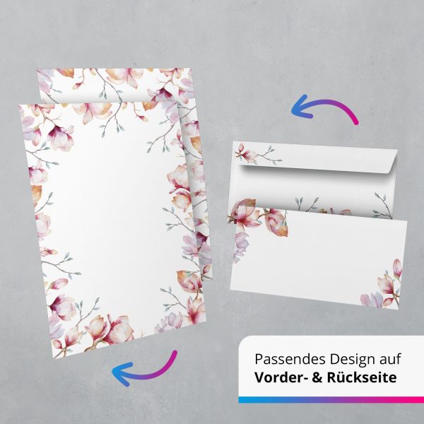 10 Briefpapier und Briefumschlag SET | Magnolie Blumen Romantisch | Papier und Umschlag mit Design-Motiv bedruckt | 90 g/m² – Bild 5
