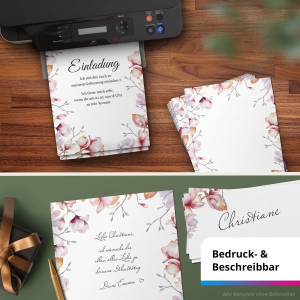 10 Briefpapier und Briefumschlag SET | Magnolie Blumen Romantisch | Papier und Umschlag mit Design-Motiv bedruckt | 90 g/m² – Bild 6