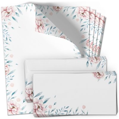 10 Briefpapier und Briefumschlag SET | Wildrose Blumen Romantisch | Papier und Umschlag mit Design-Motiv bedruckt | 90 g/m²