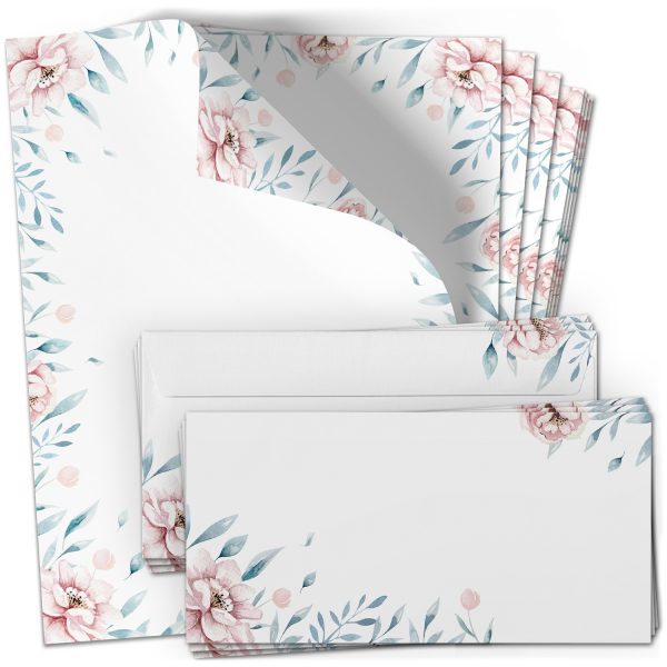 10 Briefpapier und Briefumschlag SET | Wildrose Blumen Romantisch | Papier und Umschlag mit Design-Motiv bedruckt | 90 g/m²