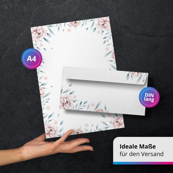 10 Briefpapier und Briefumschlag SET | Wildrose Blumen Romantisch | Papier und Umschlag mit Design-Motiv bedruckt | 90 g/m² – Bild 3