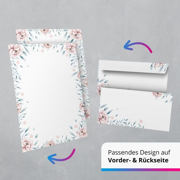 10 Briefpapier und Briefumschlag SET | Wildrose Blumen Romantisch | Papier und Umschlag mit Design-Motiv bedruckt | 90 g/m² – Bild 5