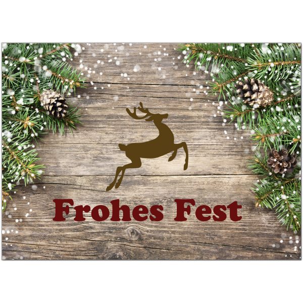 10 x moderne Weihnachtskarten mit Umschlag, Motiv Holz und Tannen rustikal (Frohes Fest) im Postkarten Format / Weihnachten / Weihnachtspostkarte