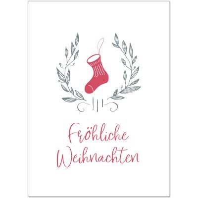 10 x moderne Weihnachtskarten mit Umschlag, Motiv rote Weihnachtssocke (hell, freundlich, rot) im Postkarten Format / Weihnachten / Weihnachtspost
