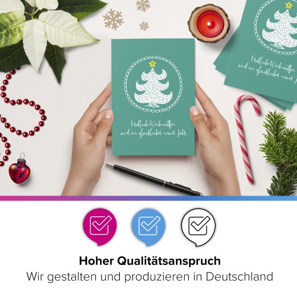 10 x moderne Weihnachtskarten mit Umschlag, Motiv Tannenbaum mit Text (türkis, grün) im Postkarten Format / Weihnachten / Weihnachtspostkarte – Bild 2