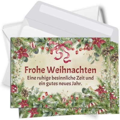 10 Weihnachtskarten Set mit Umschlag Grußkarten Weihnachten Postkarten Format Weihnachtspostkarte Schleife