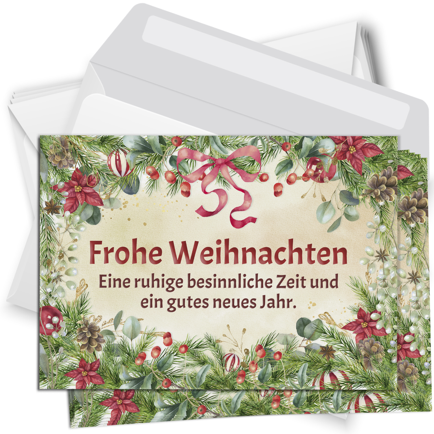 10 Weihnachtskarten Set mit Umschlag Grußkarten Weihnachten Postkarten Format Weihnachtspostkarte Schleife