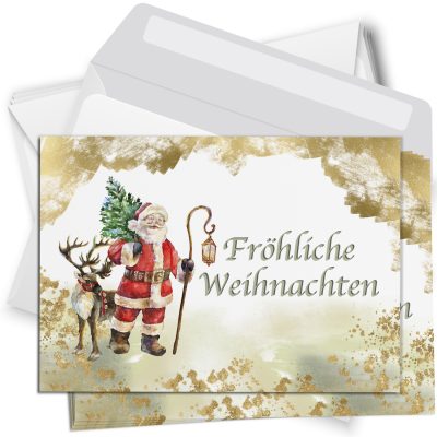 10 Weihnachtskarten Set mit Umschlag Grußkarten Weihnachten Postkarten Format Weihnachtspostkarte Weihnachtsmann gold