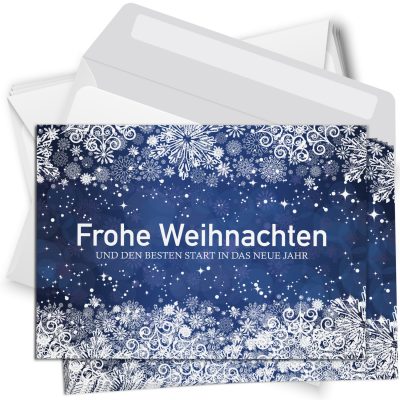 10 Weihnachtskarten Set mit Umschlag Grußkarten Weihnachten Postkarten Format Weihnachtspostkarte Schneeflocken blau