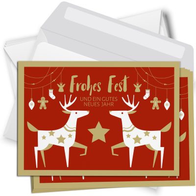 10 Weihnachtskarten Set mit Umschlag Grußkarten Weihnachten Postkarten Format Weihnachtspostkarte Rentier rot