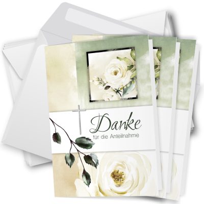 10 x Trauer Danksagungskarten Klappkarten mit Umschlag DIN A6, Trauerkarten Motiv Rose weiss aquarell, Danke Sagen nach Beerdigung, Trauer