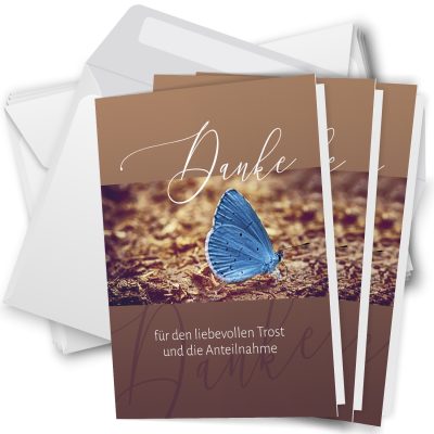 10 x Trauer Danksagungskarten Klappkarten mit Umschlag A6, Trauerkarten Motiv Schmetterling blau braun, Danke Sagen nach Beerdigung, Trauer