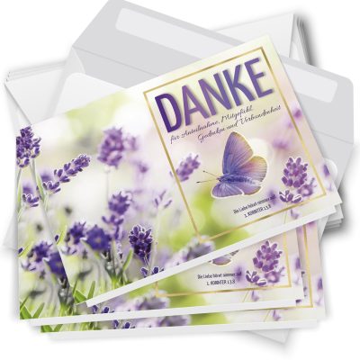 10 x Trauer Danksagungskarten Klappkarten mit Umschlag DIN A6, Trauerkarten Motiv Schmetterling lila, Danke Sagen nach Beerdigung, Trauer