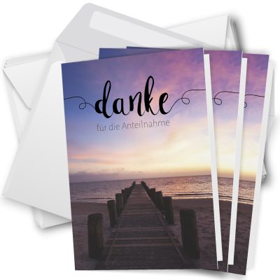 10 x Trauer Danksagungskarten Klappkarten mit Umschlag DIN A6, Trauerkarten Motiv Meer Steg, Danke Sagen nach Beerdigung, Trauerfall