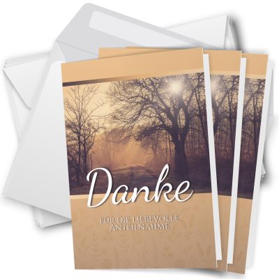 10 x Trauer Danksagungskarten Klappkarten mit Umschlag DIN A6, Trauerkarten Motiv Waldweg orange, Danke Sagen nach Beerdigung, Trauerfall