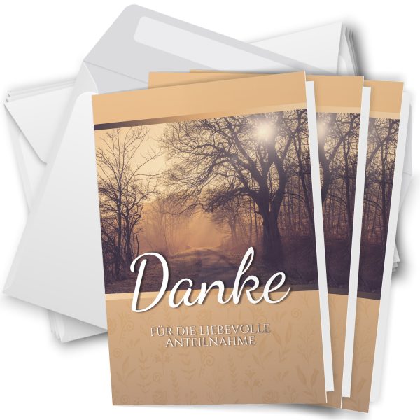 10 x Trauer Danksagungskarten Klappkarten mit Umschlag DIN A6, Trauerkarten Motiv Waldweg orange, Danke Sagen nach Beerdigung, Trauerfall