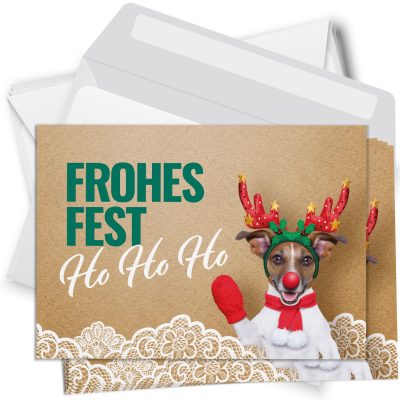 10 moderne Weihnachtskarten mit Umschlag - Motiv Lustiger Rentier Hund - Design-Karten zu Weihnachten im Set