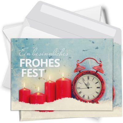 10 moderne Weihnachtskarten mit Umschlag - Motiv Kerzen mit Wecker - Design-Karten zu Weihnachten im Set