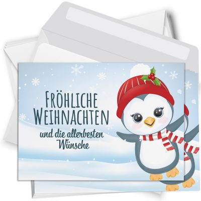 10 moderne Weihnachtskarten mit Umschlag - Motiv Niedlicher Pinguin - Design-Karten zu Weihnachten im Set