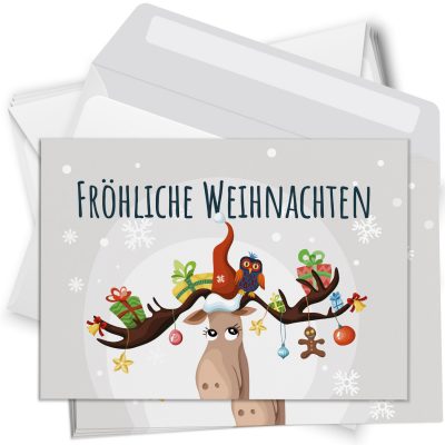 10 moderne Weihnachtskarten mit Umschlag - Motiv Niedlicher Elch - Design-Karten zu Weihnachten im Set