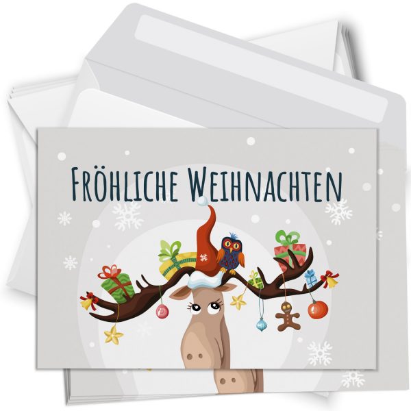 10 moderne Weihnachtskarten mit Umschlag - Motiv Niedlicher Elch - Design-Karten zu Weihnachten im Set