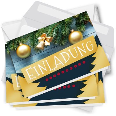 10 x Einladungskarten Klappkarten Weihnachten mit Umschlägen zur Weihnachtsfeier Motiv Goldener Tannenschmuck