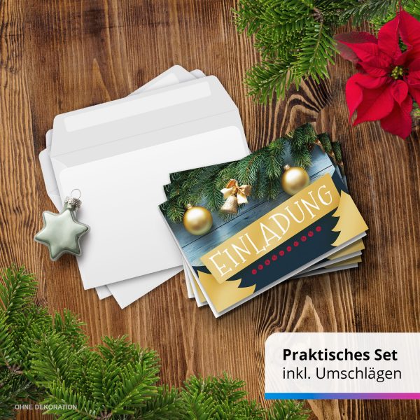 10 x Einladungskarten Klappkarten Weihnachten mit Umschlägen zur Weihnachtsfeier Motiv Goldener Tannenschmuck – Bild 7