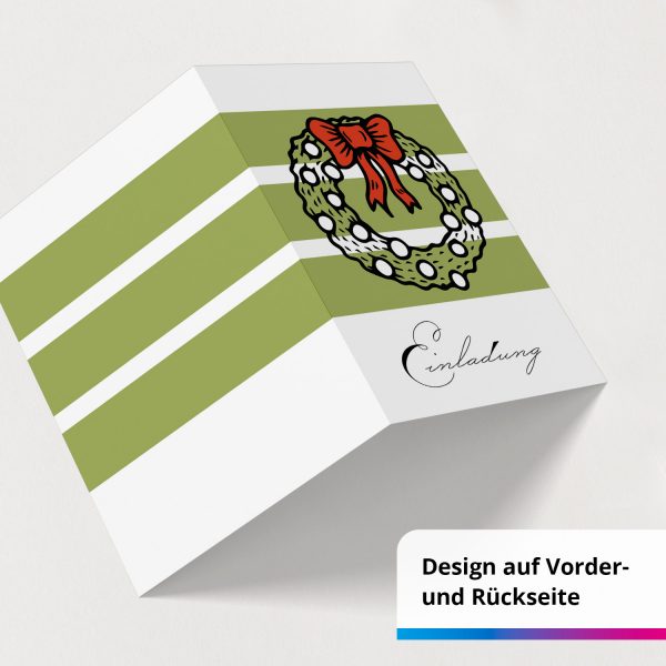 10 x Einladungskarten Klappkarten Weihnachten mit Umschlägen zur Weihnachtsfeier Motiv Kranz Streifen rote Schleife – Bild 2