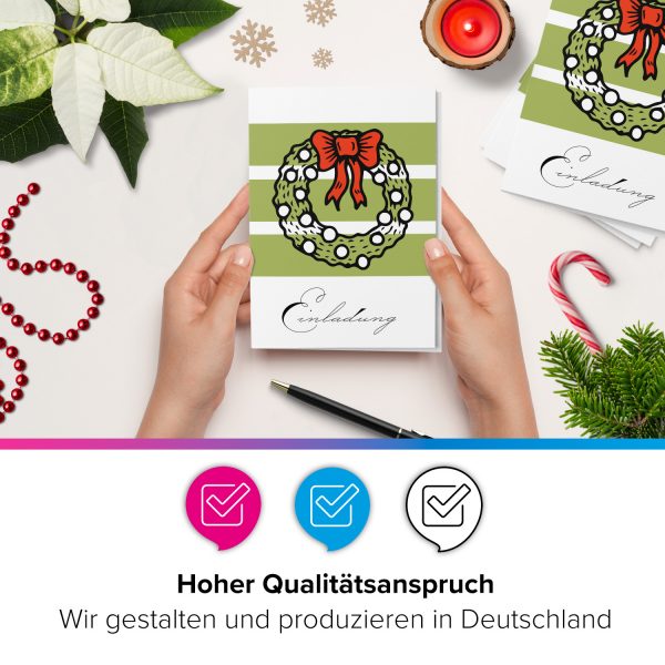 10 x Einladungskarten Klappkarten Weihnachten mit Umschlägen zur Weihnachtsfeier Motiv Kranz Streifen rote Schleife – Bild 5