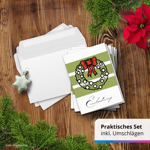 10 x Einladungskarten Klappkarten Weihnachten mit Umschlägen zur Weihnachtsfeier Motiv Kranz Streifen rote Schleife – Bild 7