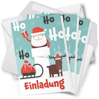 10 x Einladungskarten Klappkarten Weihnachten mit Umschlägen zur Weihnachtsfeier Motiv Weihnachtsmann Schlitten Rentier