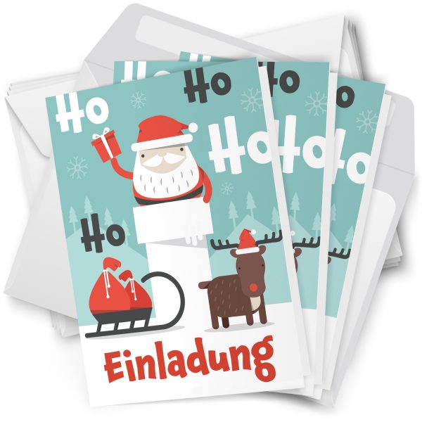 10 x Einladungskarten Klappkarten Weihnachten mit Umschlägen zur Weihnachtsfeier Motiv Weihnachtsmann Schlitten Rentier