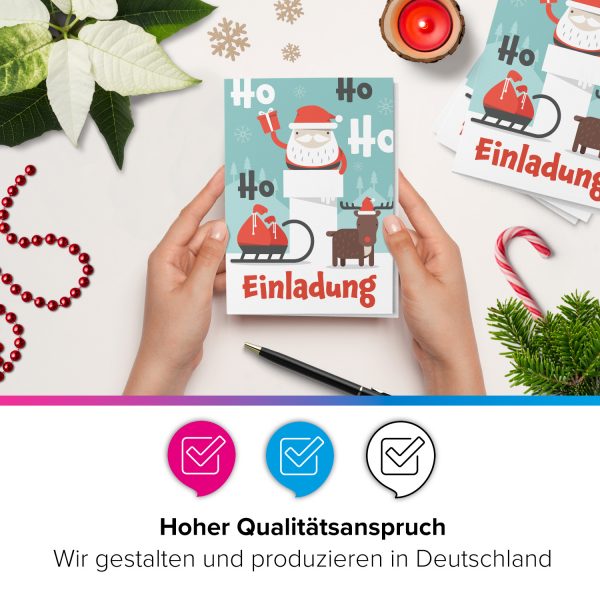 10 x Einladungskarten Klappkarten Weihnachten mit Umschlägen zur Weihnachtsfeier Motiv Weihnachtsmann Schlitten Rentier – Bild 5