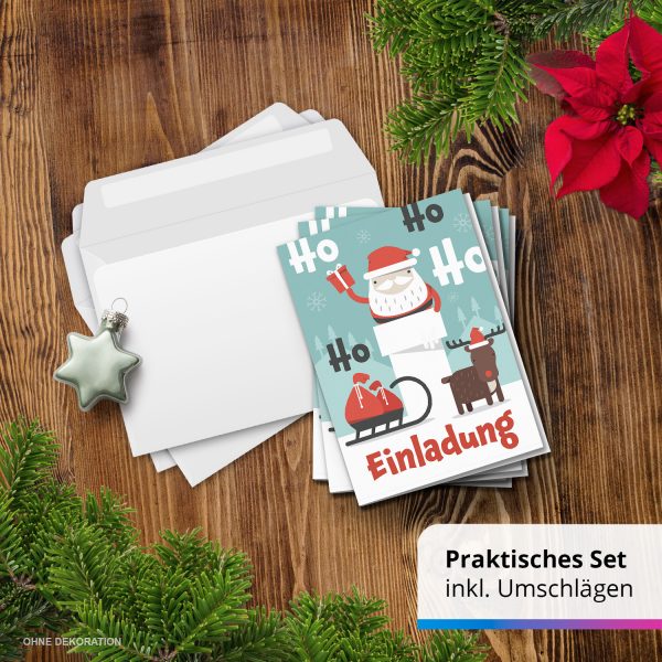10 x Einladungskarten Klappkarten Weihnachten mit Umschlägen zur Weihnachtsfeier Motiv Weihnachtsmann Schlitten Rentier – Bild 7