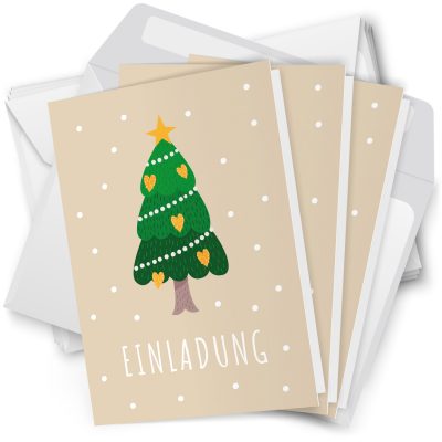 10 x Einladungskarten Klappkarten Weihnachten mit Umschlägen zur Weihnachtsfeier Motiv Tannenbaum vor Beige im Schnee