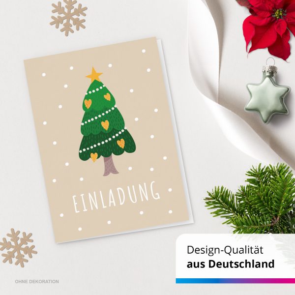 10 x Einladungskarten Klappkarten Weihnachten mit Umschlägen zur Weihnachtsfeier Motiv Tannenbaum vor Beige im Schnee – Bild 4