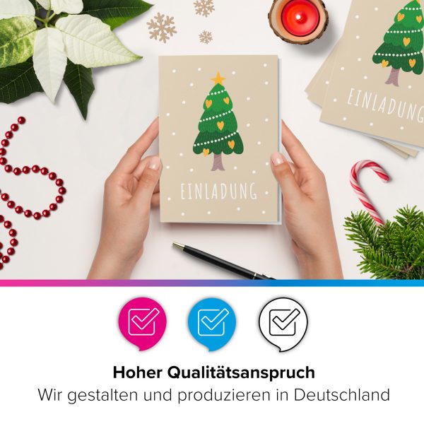 10 x Einladungskarten Klappkarten Weihnachten mit Umschlägen zur Weihnachtsfeier Motiv Tannenbaum vor Beige im Schnee – Bild 5