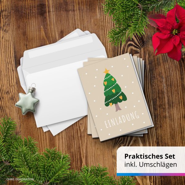 10 x Einladungskarten Klappkarten Weihnachten mit Umschlägen zur Weihnachtsfeier Motiv Tannenbaum vor Beige im Schnee – Bild 7