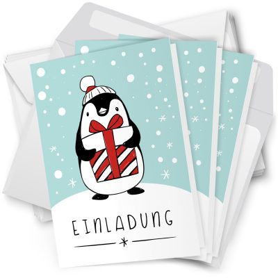 10 x Einladungskarten Klappkarten Weihnachten mit Umschlägen zur Weihnachtsfeier Motiv Pinguin mit Geschenk