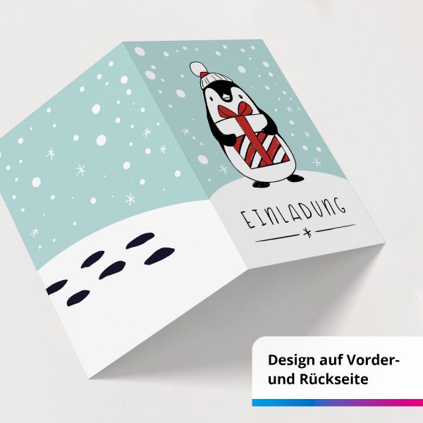 10 x Einladungskarten Klappkarten Weihnachten mit Umschlägen zur Weihnachtsfeier Motiv Pinguin mit Geschenk – Bild 2