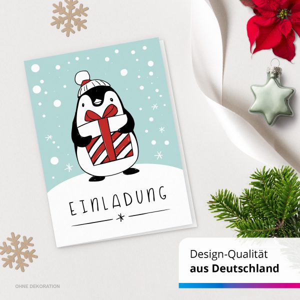 10 x Einladungskarten Klappkarten Weihnachten mit Umschlägen zur Weihnachtsfeier Motiv Pinguin mit Geschenk – Bild 4