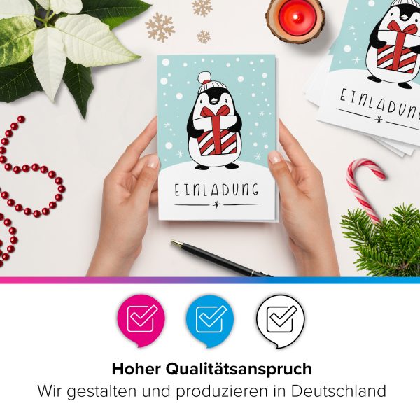 10 x Einladungskarten Klappkarten Weihnachten mit Umschlägen zur Weihnachtsfeier Motiv Pinguin mit Geschenk – Bild 5
