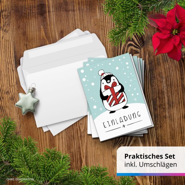 10 x Einladungskarten Klappkarten Weihnachten mit Umschlägen zur Weihnachtsfeier Motiv Pinguin mit Geschenk – Bild 7