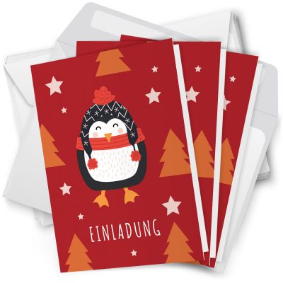 10 x Einladungskarten Klappkarten Weihnachten mit Umschlägen zur Weihnachtsfeier Motiv Pinguin mit Schal rot