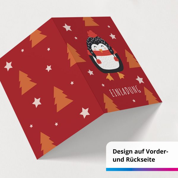 10 x Einladungskarten Klappkarten Weihnachten mit Umschlägen zur Weihnachtsfeier Motiv Pinguin mit Schal rot – Bild 2