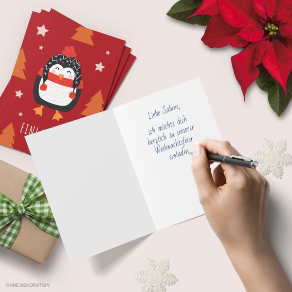 10 x Einladungskarten Klappkarten Weihnachten mit Umschlägen zur Weihnachtsfeier Motiv Pinguin mit Schal rot – Bild 3